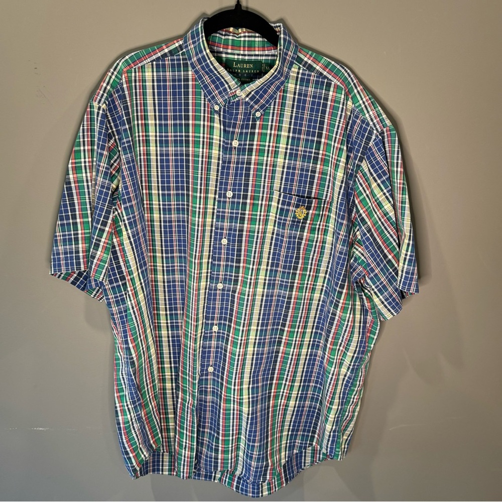 LAUREN Ralph Lauren Men's Blue Plaid‎ Crested Short Sleeve Shirt, Size XL, EUC